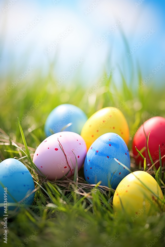 Colorful easter eggs in grass. Happy easter background.