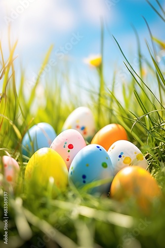 Colorful easter eggs in grass. Happy easter background.