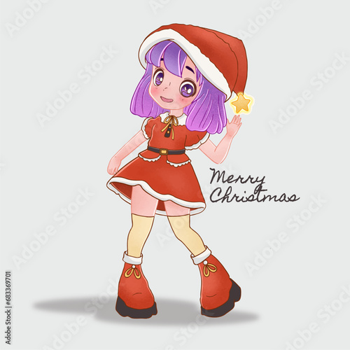 Santa woman stand and gestures presenting