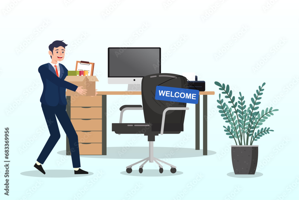 Businessman starting new job walk to welcome office desk, start new job, onboarding new hire or begin career position, employee move to new office or opportunity, employment and recruitment (Vector) Businessman starting new job walk to welcome office desk, start new job, onboarding new hire or begin career position, employee move to new office or opportunity, employment and recruitment (Vector)