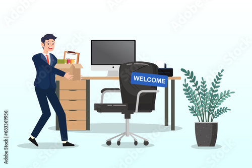 Businessman starting new job walk to welcome office desk, start new job, onboarding new hire or begin career position, employee move to new office or opportunity, employment and recruitment (Vector)