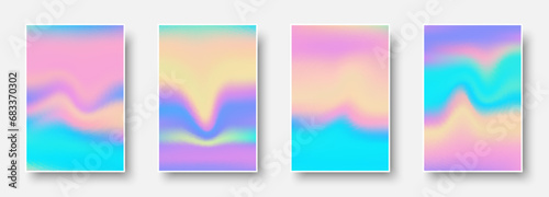Set of colorful hologram paper card. Abstract holographic wavy gradient mesh color backgrounds.