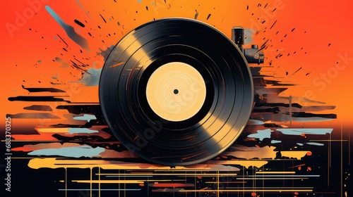 single disque vinyle sur un fond orange avec des taches et éclat de peinture, vintage