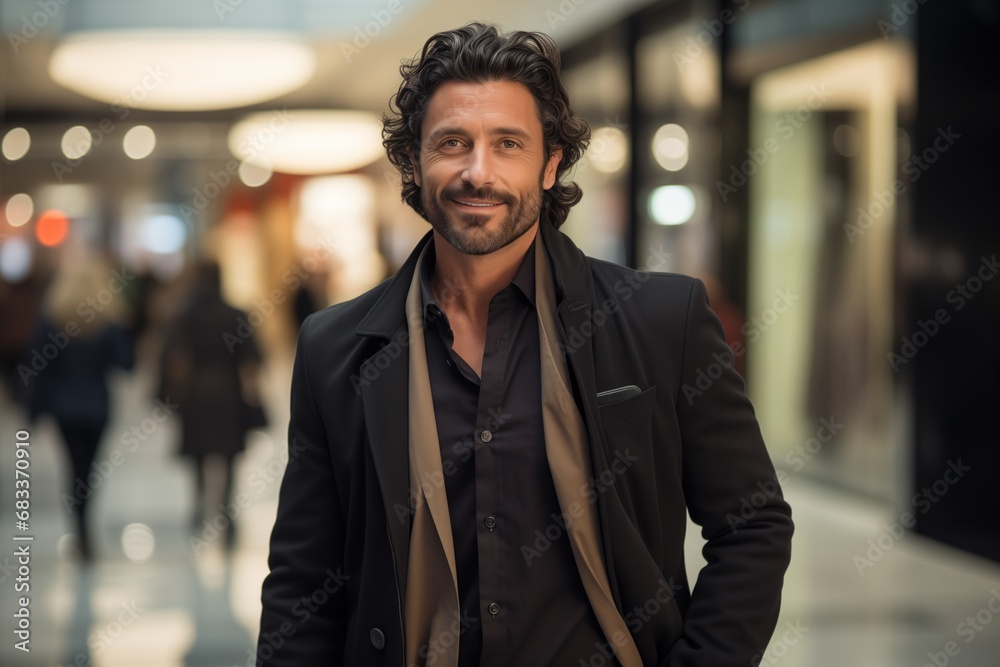 Portrait of middle age man in coat in the shopping mall. Portrait of middle age man in coat in the shopping mall.