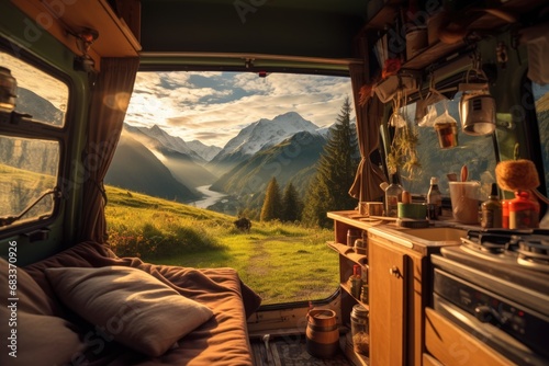 Paysage de montagne vu à l'intérieur d'un van, camping car, banquette et table chaleureuse