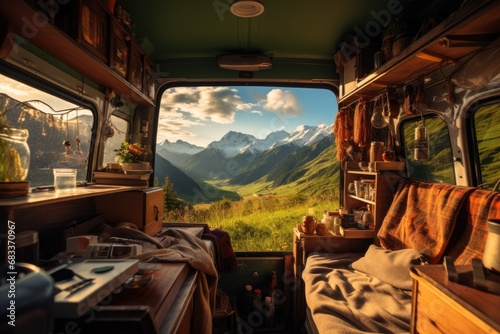 Paysage de montagne vu à l'intérieur d'un van, camping car, banquette et table chaleureuse photo