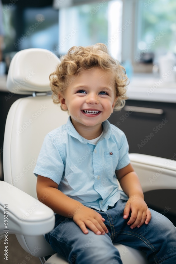 Baby boy is sitting on dental chair and smiling, healthy teeth, prevention of caries in children Baby boy is sitting on dental chair and smiling, healthy teeth, prevention of caries in children