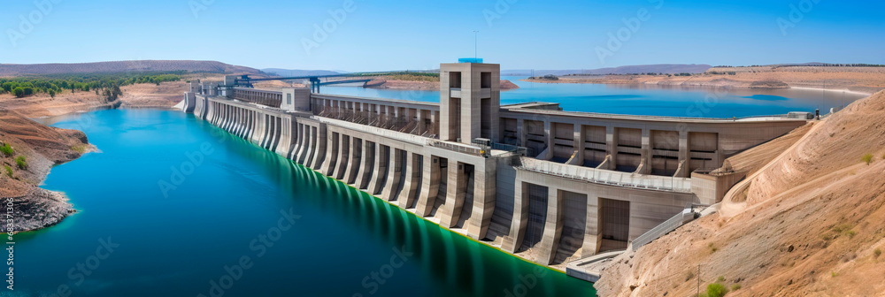 View of a large reservoir and hydroelectric power station. Generative AI