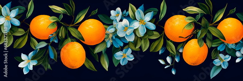 Fruit pattern, oranges with branches, leaves and flowers on dark blue background. Exotic tropical fruits. Generative AI
