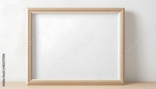 Isolated Wooden Picture Frame Resting on a White Wall. Minimalistic Frame with Empty Copy Space, Ideal for Mockup Presentations.