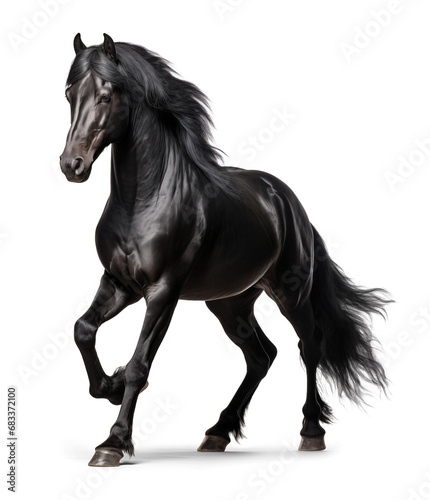galloping black friesian horse on isolated background