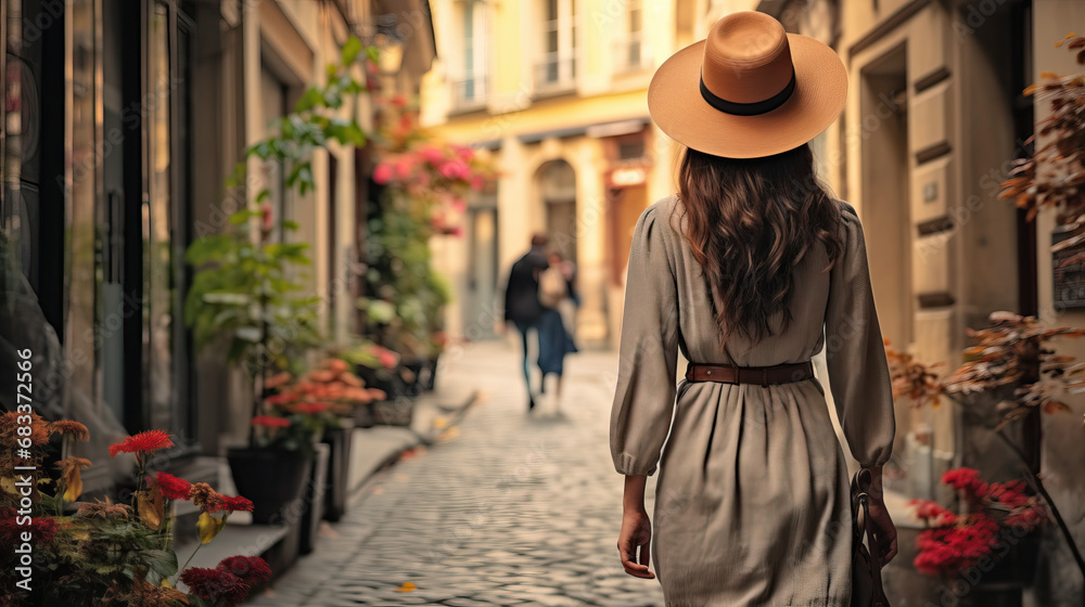 woman in hat walking along the street in the village created with Generative AI technology