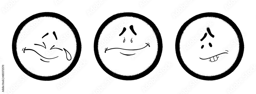 Three graffiti emoticons. Smiling face painted spray paint. Vector illustration on white background Three graffiti emoticons. Smiling face painted spray paint. Vector illustration on white background