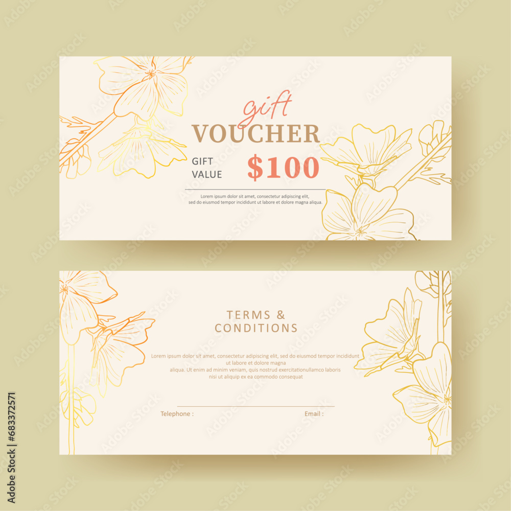 Gift voucher. Coupon template with golden flower line art decoration. elegant luxury design