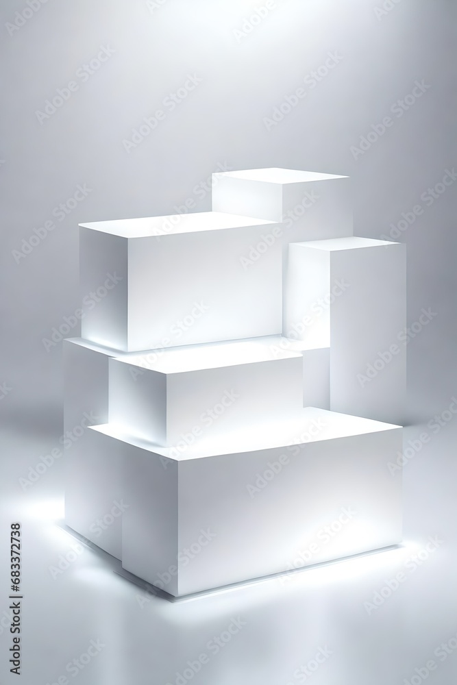 Create a stunning 3D podium scene featuring a sleek, modern design, with three empty spaces for product placement. Create a stunning 3D podium scene featuring a sleek, modern design, with three empty spaces for product placement.