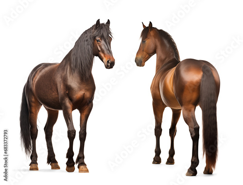 Brown morgan horses, front and back view, isolated background