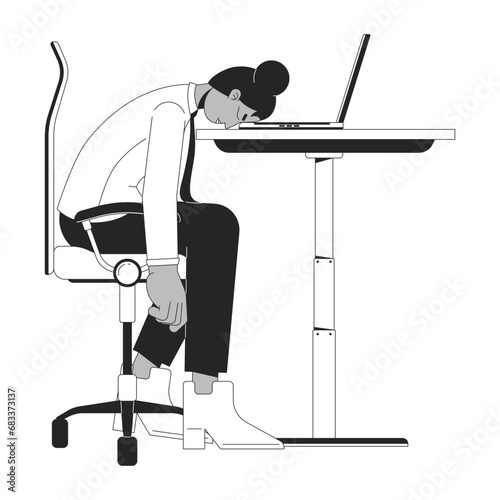 Stressed black employee putting head down on desk black and white 2D line cartoon character. African american isolated vector outline person. Face down on table monochromatic flat spot illustration