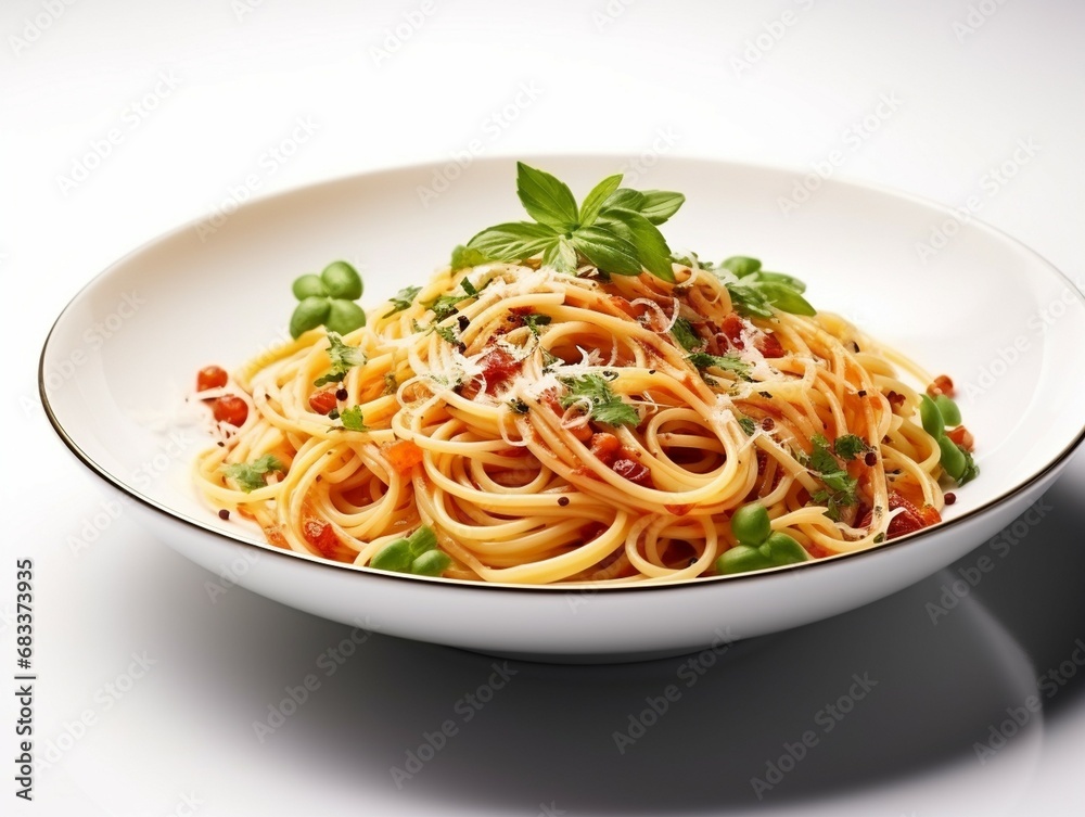 Spaghetti plate on white background, Fresh Tasty Food, pasta, basil
