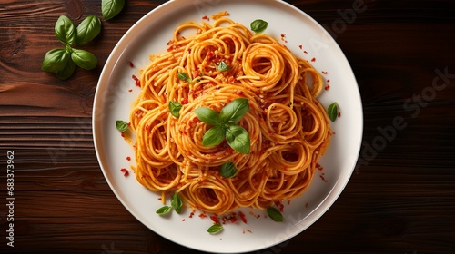 Spaghetti plate on background, Fresh Tasty Food, pasta, basil