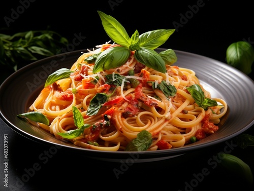 Spaghetti plate on background, Fresh Tasty Food, pasta, basil
