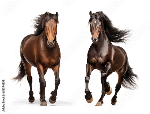 Galloping brown morgan horses, isolated background photo