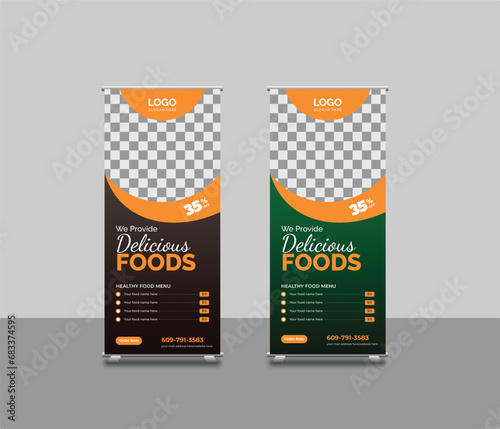 Modern food rollup template design with two colors, food rollup banner design. Corporate roll-up design for restaurants. Vertical, roll-up template, vector illustration template