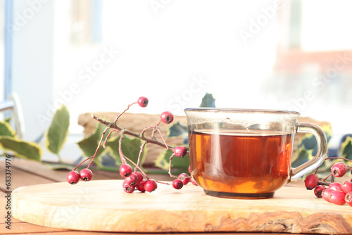 Hawthorn berry tea hot herbal drink. Alternative medicine concept. Healthy lifestyle 
