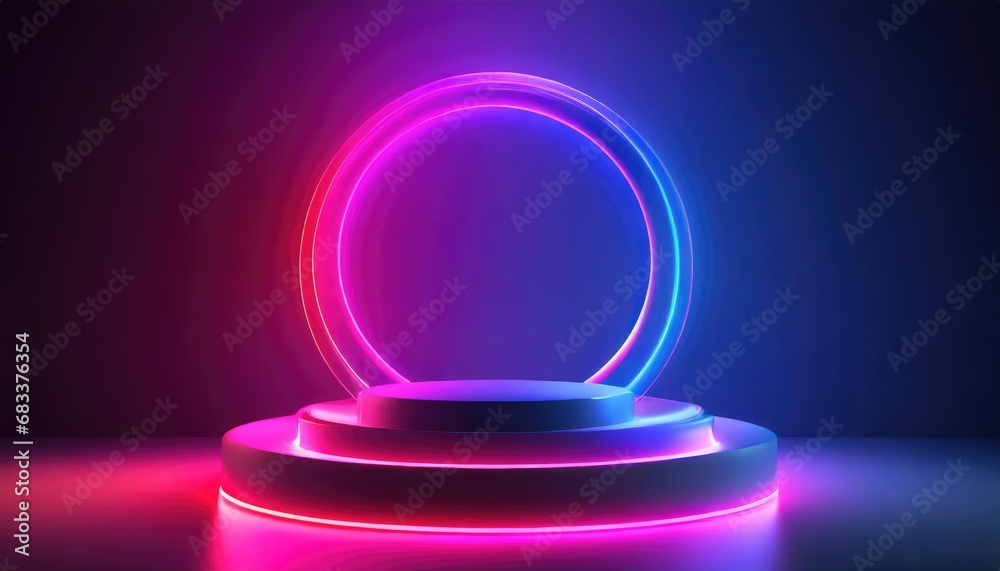 abstract 3d shelf or white stand podium scene pastel color with neon ring background. AI generated. abstract 3d shelf or white stand podium scene pastel color with neon ring background. AI generated.