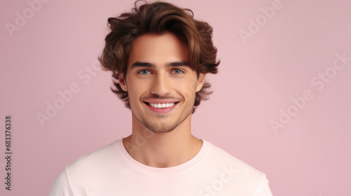 Handsome young man with a charming smile and wavy hair, wearing a white t-shirt against a soft pink background
