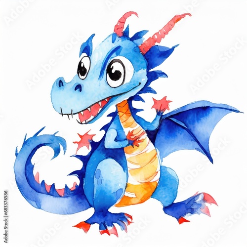 Cute Blue Dragon with watercolor on white background  Year of the Dragon. AI generated.