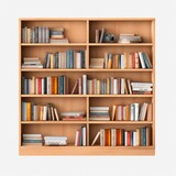 Wooden bookshelf with book on white isolated background