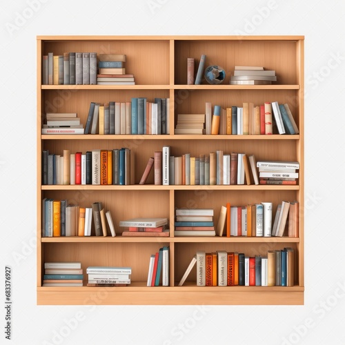 Wooden bookshelf with book on white isolated background