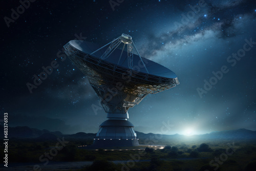 Majestic radio telescope pointing to a starry sky at night, symbolizing exploration and discovery in astronomy.