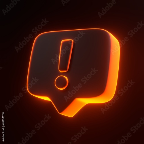 Danger attention bell or emergency notifications alert with bright glowing futuristic orange neon lights on black background. 3D icon, sign and symbol. Cartoon minimal style. 3D render illustration