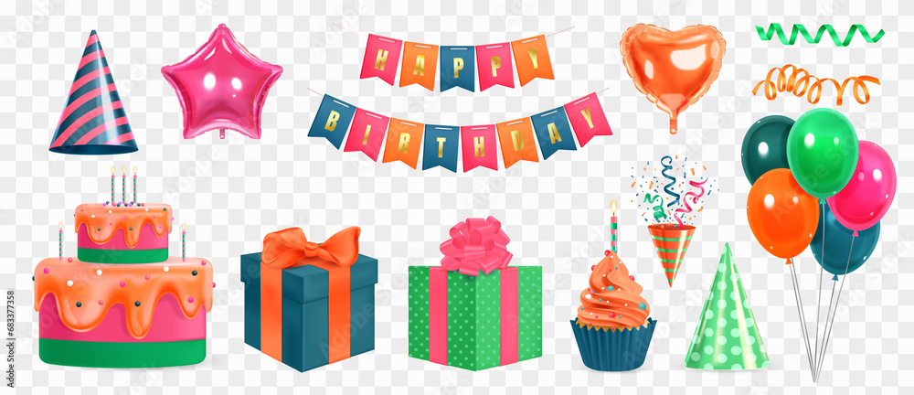 set of realistic birthday elements with confetti on transparent background