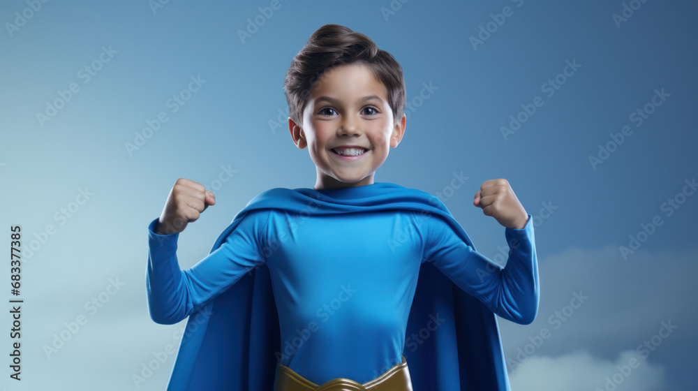 Enthusiastic young boy dressed as a superhero with a blue cape, ready for action, against a sky-like backdrop Enthusiastic young boy dressed as a superhero with a blue cape, ready for action, against a sky-like backdrop