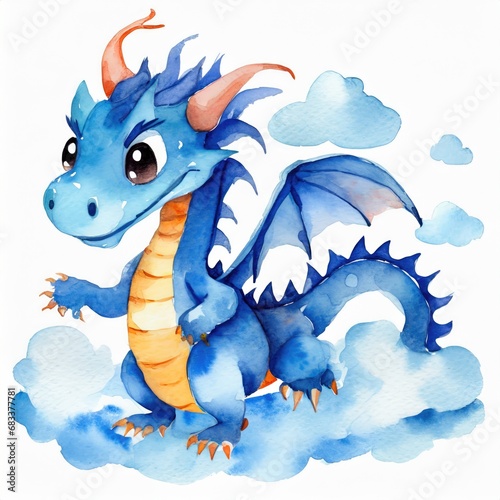 Cute Blue Dragon with watercolor on white background  Year of the Dragon. AI generated.