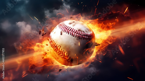 magic leather baseball ball in a colorful explosion of fire energy and movement, sports performance, banner with copy space  © jiejie