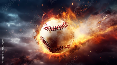 magic leather baseball ball in a colorful explosion of fire energy and movement, sports performance, banner with copy space 