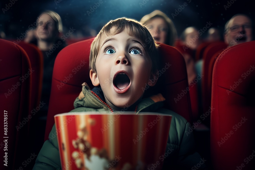 Excited Young Boy Enjoying Movie with Popcorn