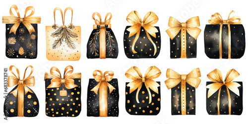 Black and gold present bags and gift boxes watercolor vectors 