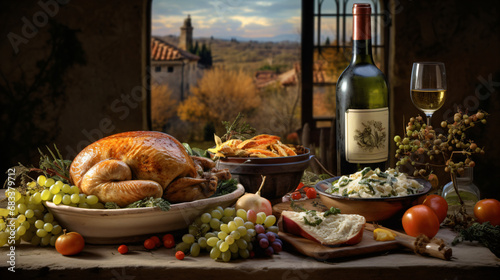 provencal thanksgiving feast with turkey and traditional side dishes in front of a winery background photo