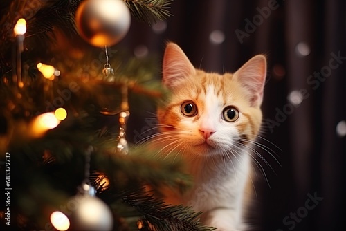 Adorable ginger cat with curious eyes next to a Christmas tree. Cozy Christmas setting with a playful domestic cat amongst festive lights.