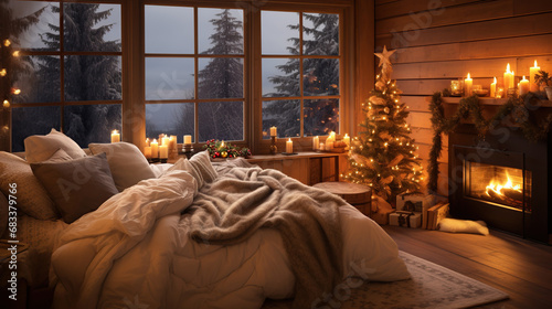 Cozy Christmas interior with warm fireplace and festive decorations. Tranquil holiday bedroom with lit candles and a Christmas tree.