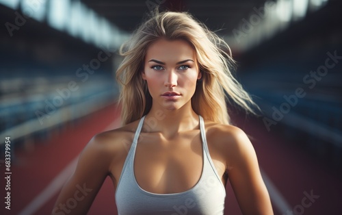 Fit blonde girl jogging at the street stadium. AI