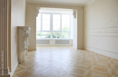 Beautiful living room in white tones with fireplace