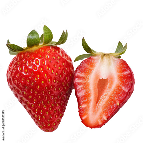A strawberry cut in half viewed from the top on a transparent background