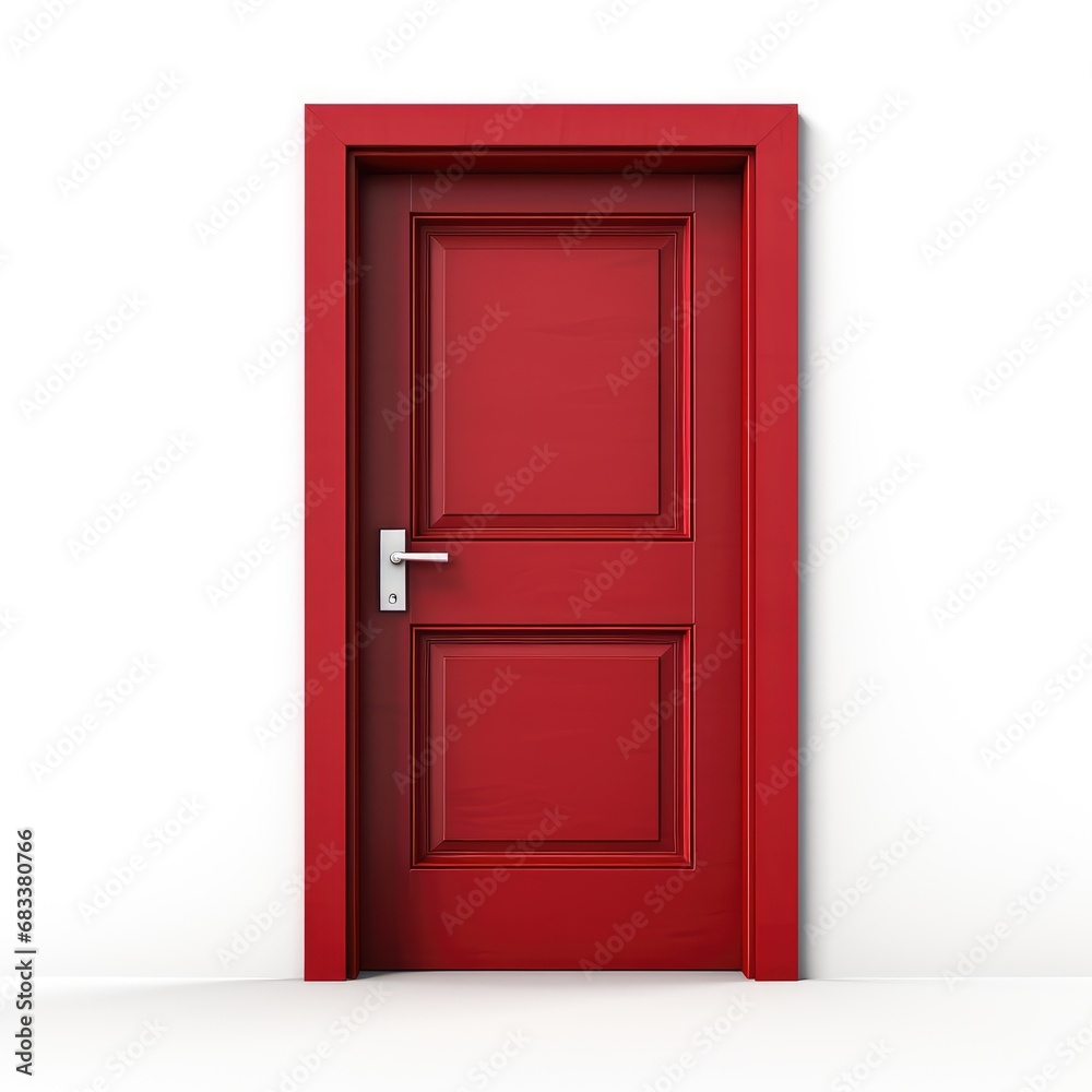 Red door on white background with copy space. Red door on white background with copy space.