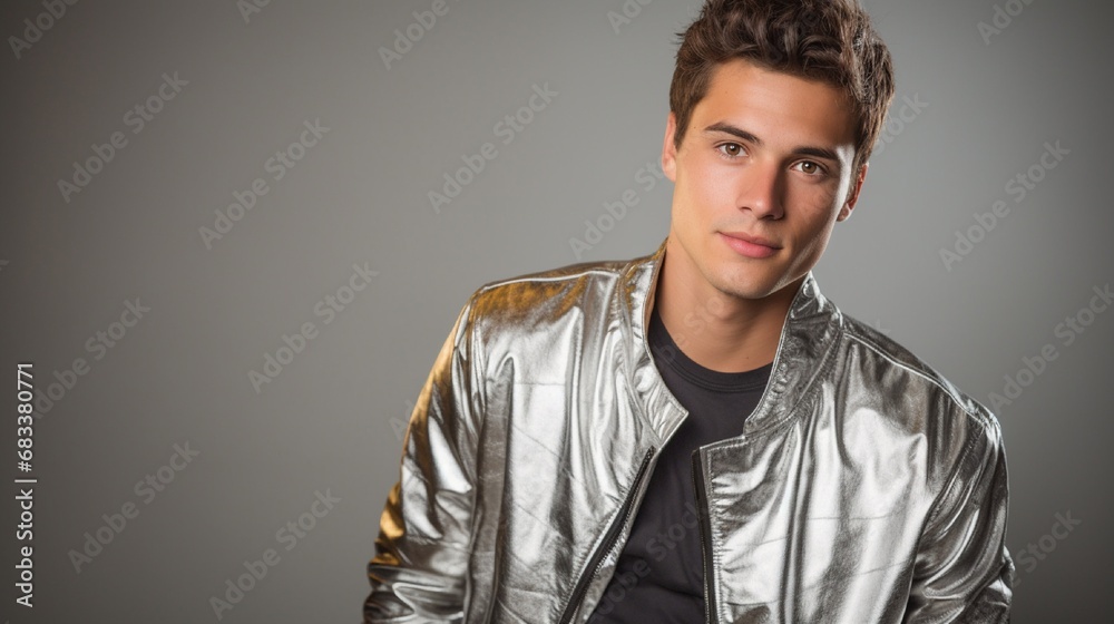 An attractive young man in a stylish casual outfit, radiating confidence, captured in a candid moment against a modern silver background. An attractive young man in a stylish casual outfit, radiating confidence, captured in a candid moment against a modern silver background.