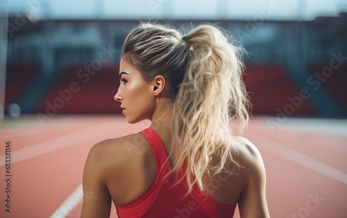 Sports girl runner in a red shirt with headphones jogging at the stadium  back in frame. AI